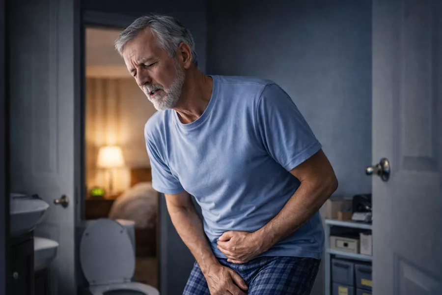 Äldre man med vattenkastningsbesvär – nattligt toalettbesök och synlig obehagskänsla i hemmamiljö, vanligt vid godartad prostataförstoring.